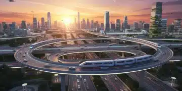 Futuristic highway interchange with trains and autonomous vehicles, symbolizing advanced infrastructure.