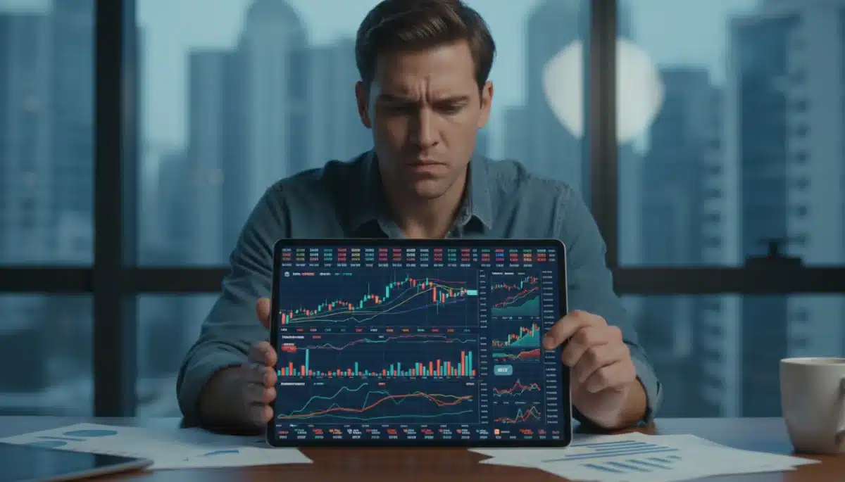 Investor analyzing financial charts on a tablet for market strategy.