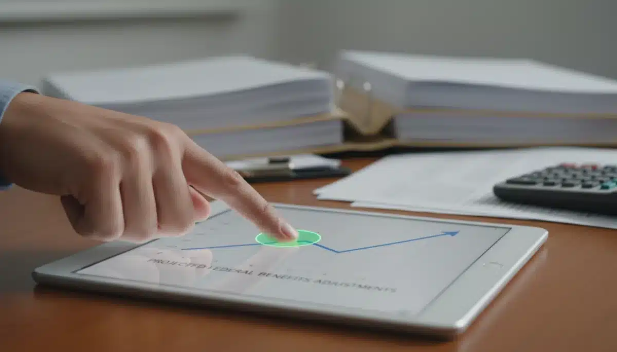 Hand pointing at tablet showing projected federal benefits adjustments