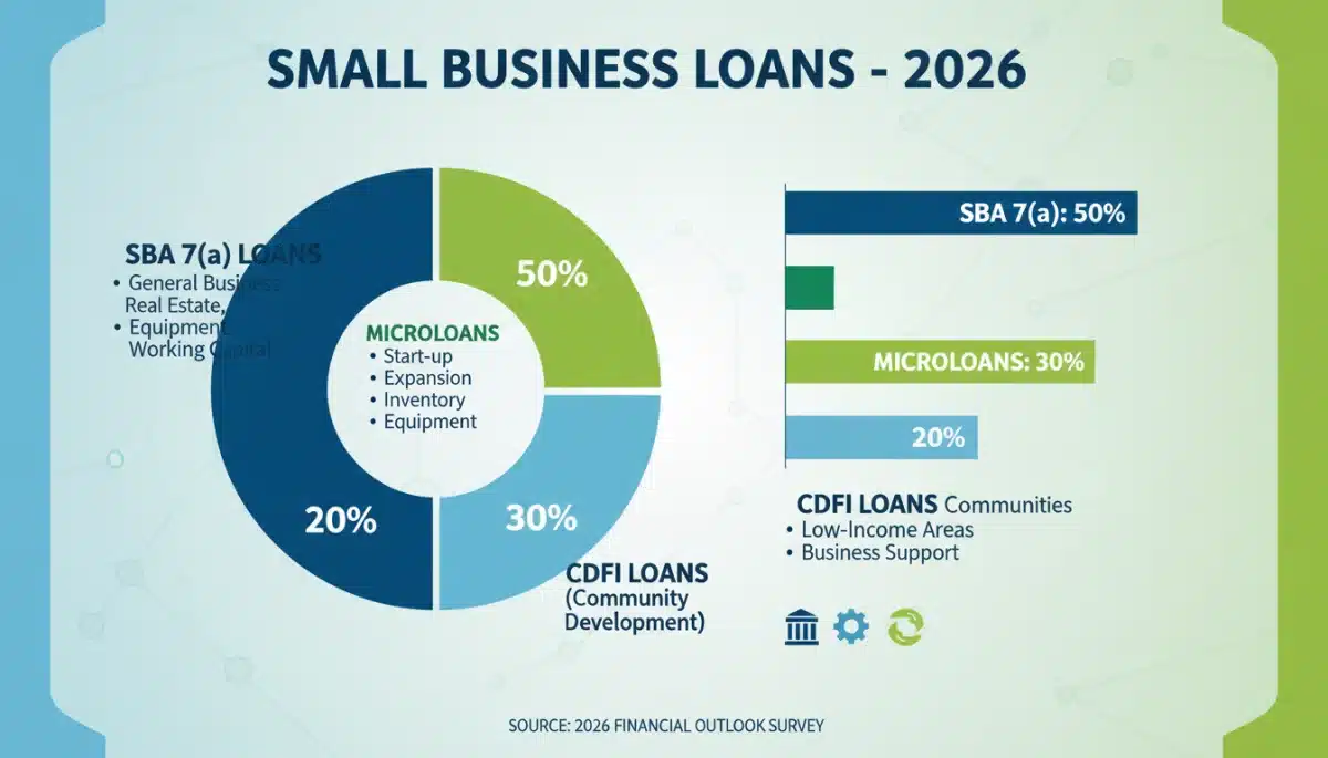 Infographic detailing types of small business loans in 2026, including SBA and CDFI options.