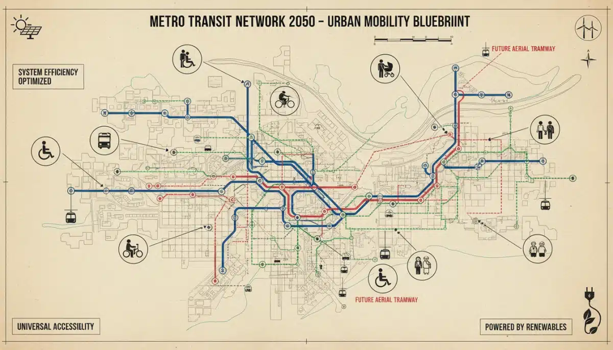Blueprint of an integrated urban public transit system, highlighting connectivity.